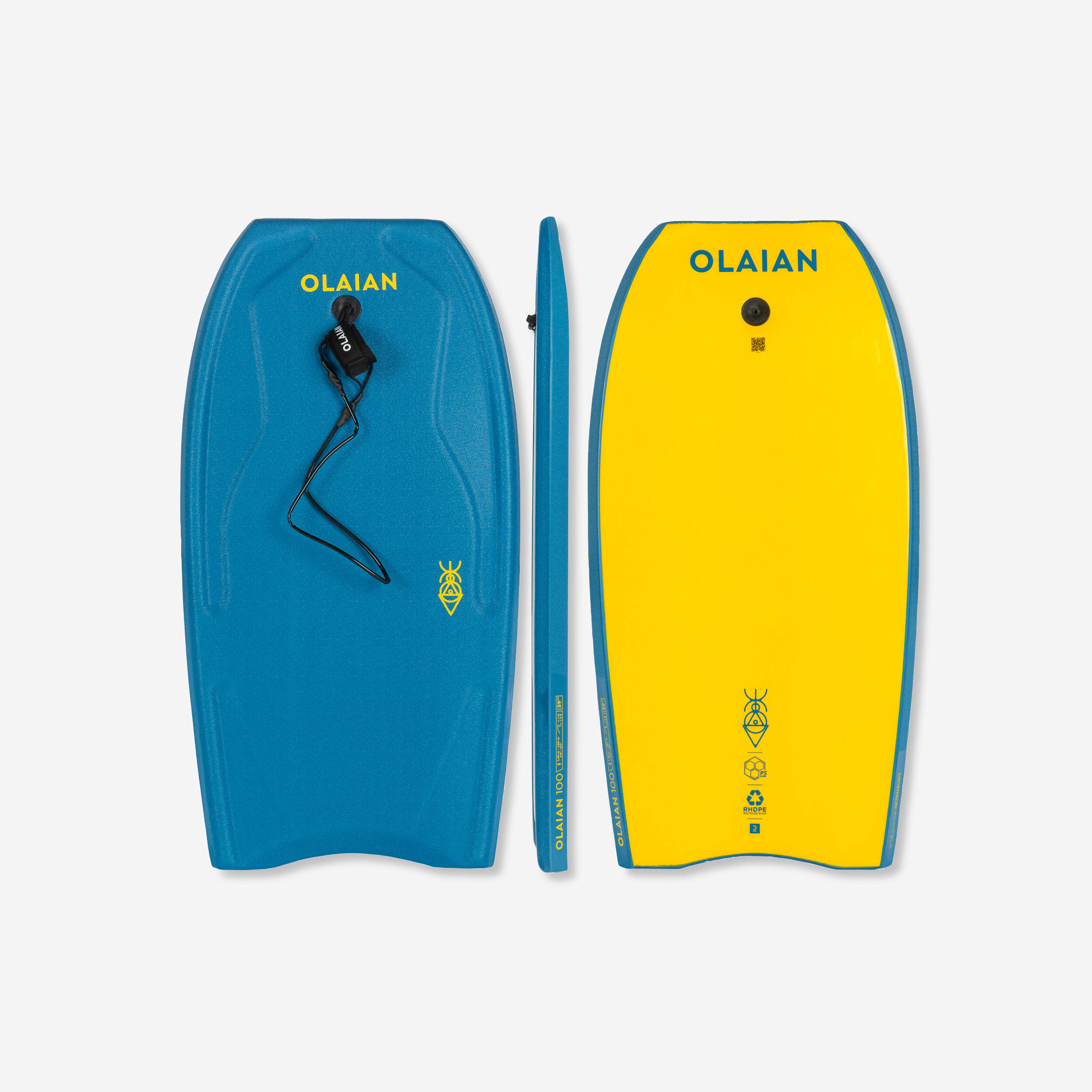 OLAIAN Bodyboard mit Handgelenk-Leash 100 blau/gelb