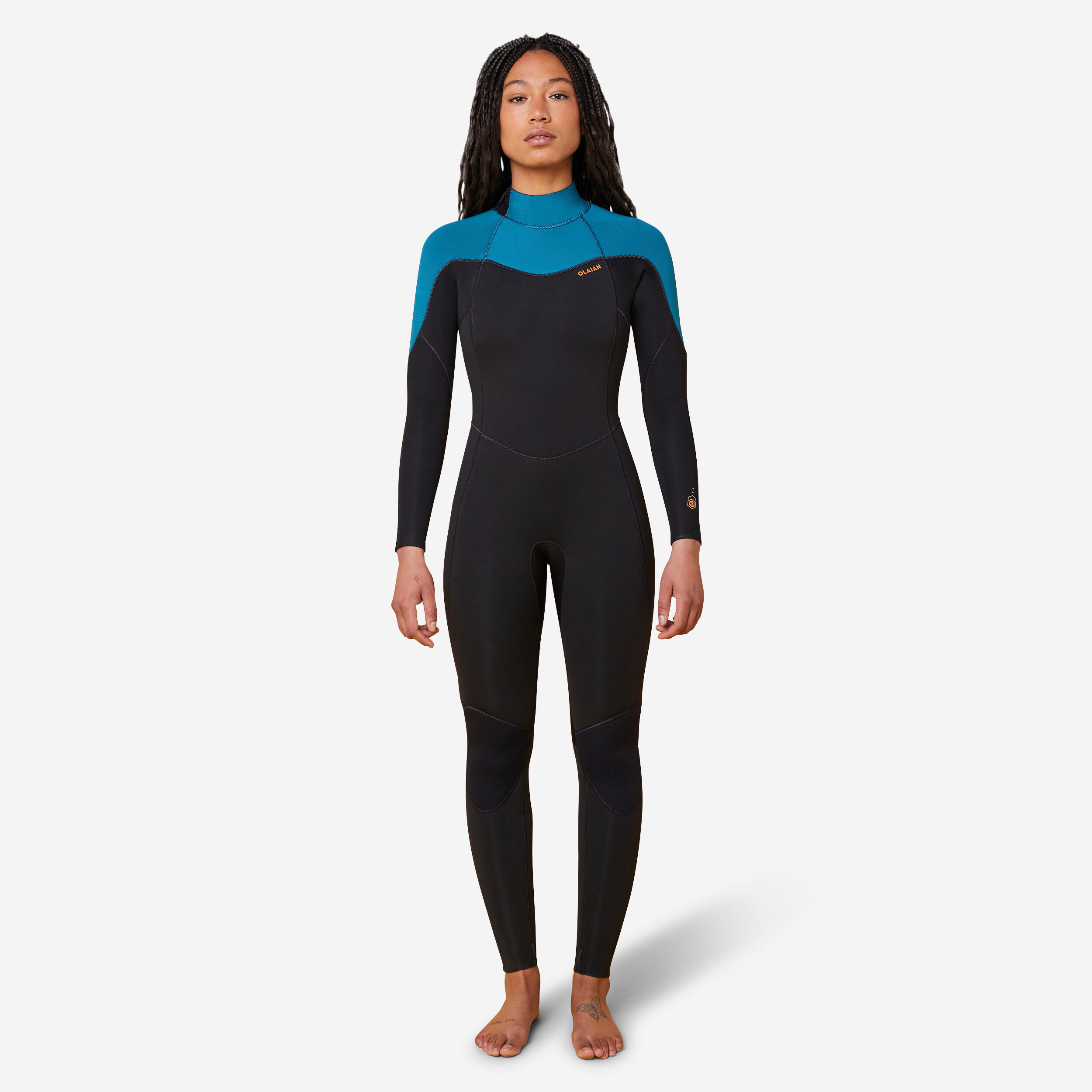 OLAIAN Neoprenanzug Surfen Damen Rückenreißverschluss 500 4/3 mm schwarz/grün