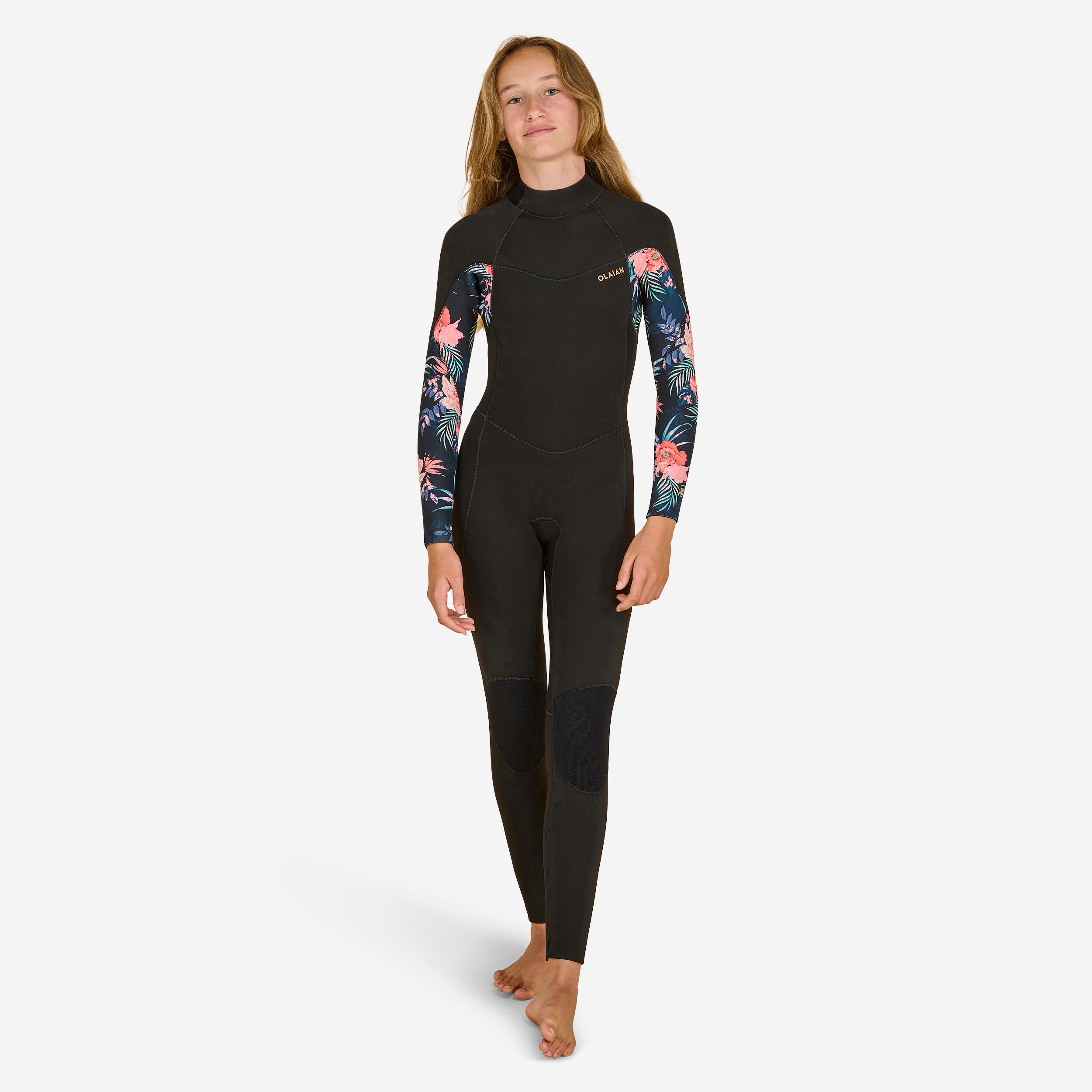 OLAIAN Neoprenanzug Surfen Mädchen Rückenreißverschluss 500 4/3 mm schwarz/rot