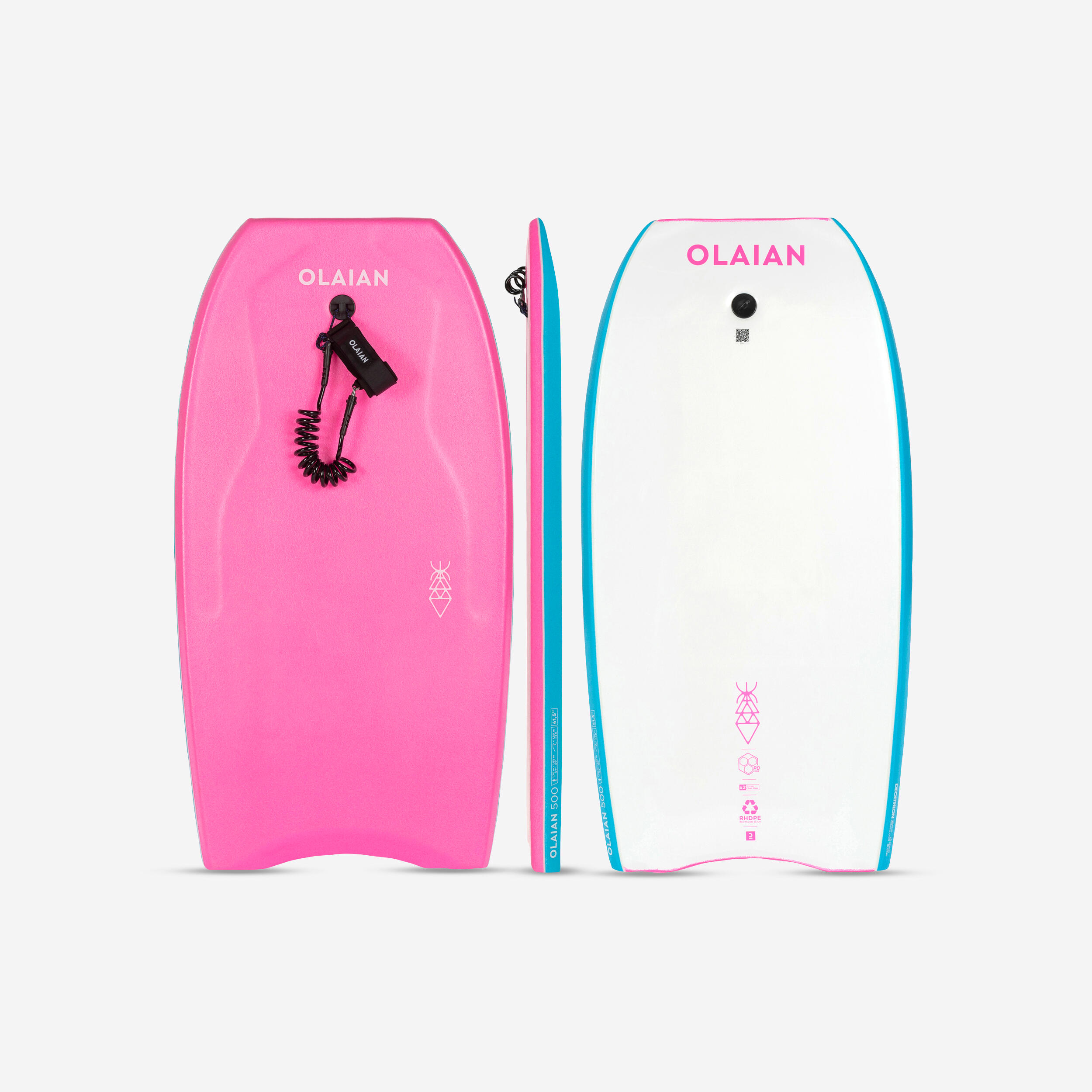 OLAIAN Bodyboard mit Leash - 500 rosa/weiss