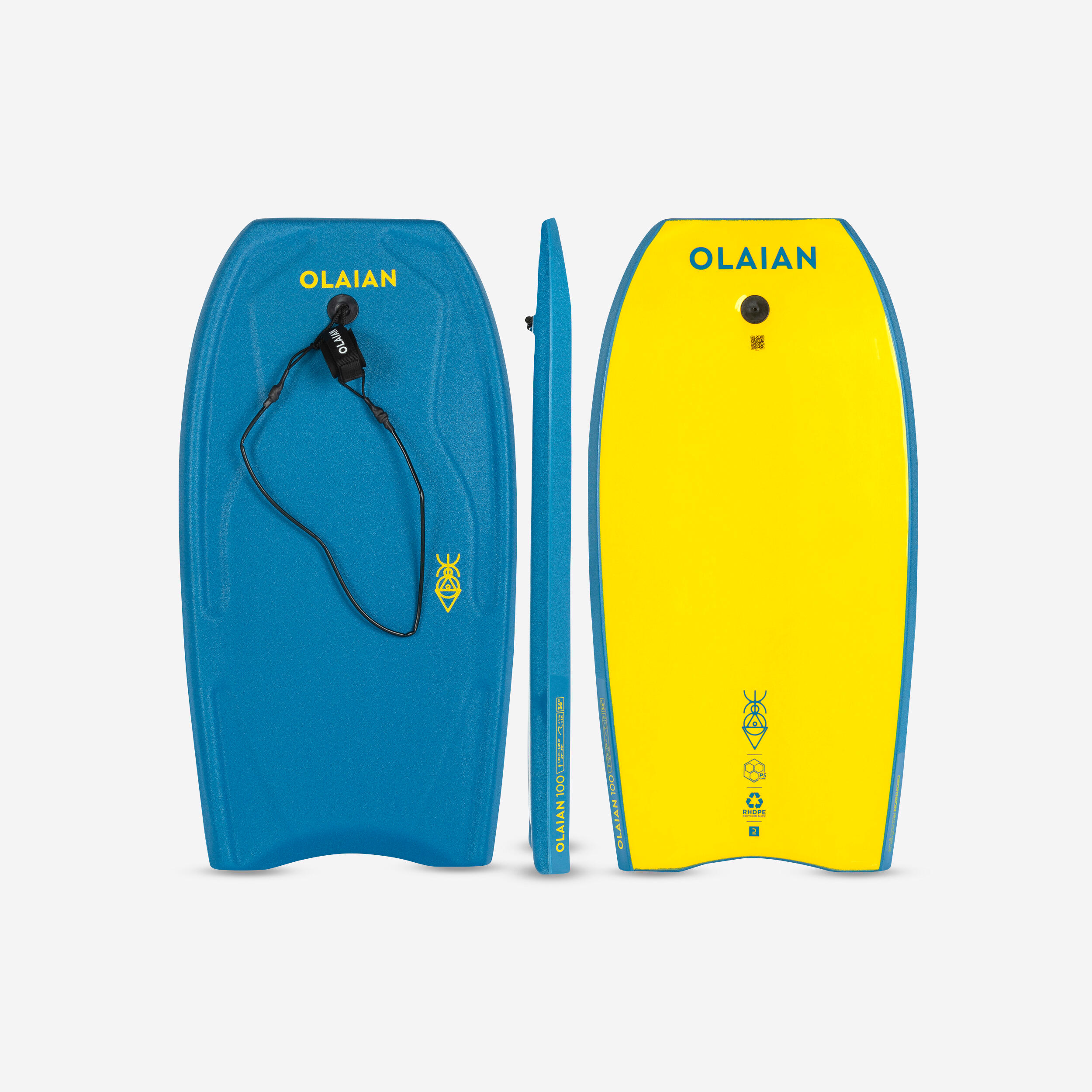 OLAIAN Bodyboard Kinder mit Handgelenk-Leash - 100 blau/gelb